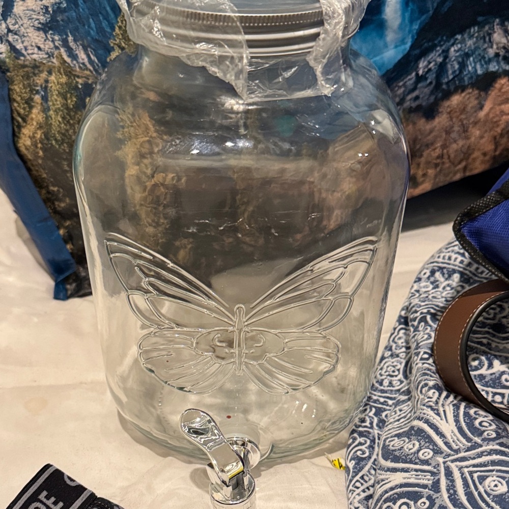 Brand New Dolly Parton Clear Glass Beverage Dispenser with Butterfly Design